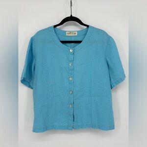 ORVIS Top Blue Linen Short Sleeve Women’s Large